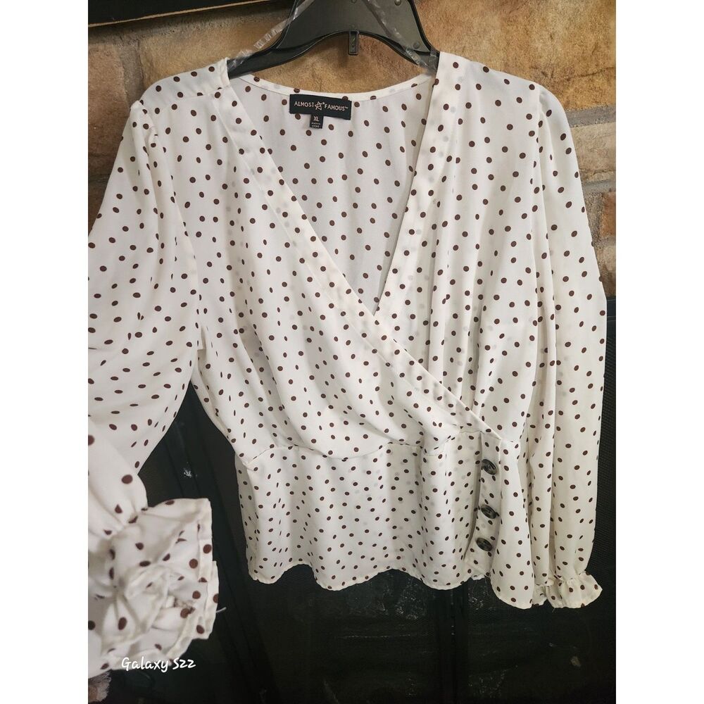 Almost Famous women's Elegant XL cream colored blouse with brown polka dots!